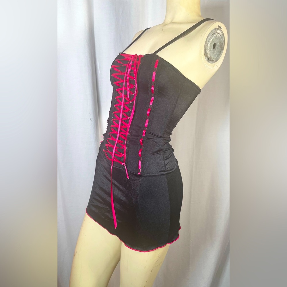 Roma Hollywood shirt black mini with corset like pink ribbon GoGo / dancer